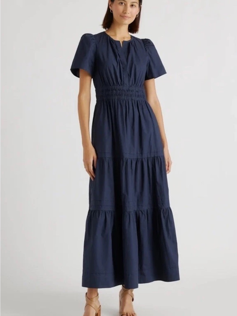 NWT Quince Organic Cotton Poplin Tiered Maxi Dress Navy Small Cottage Boho Girly